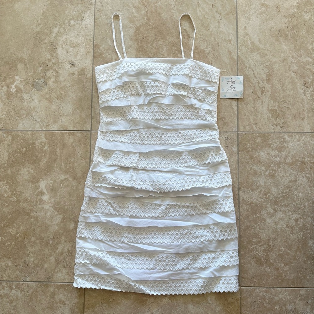 NWT Suzy Chin For Maggy Boutique White Spaghetti Strap Eyelet Ruffle Dress, 2